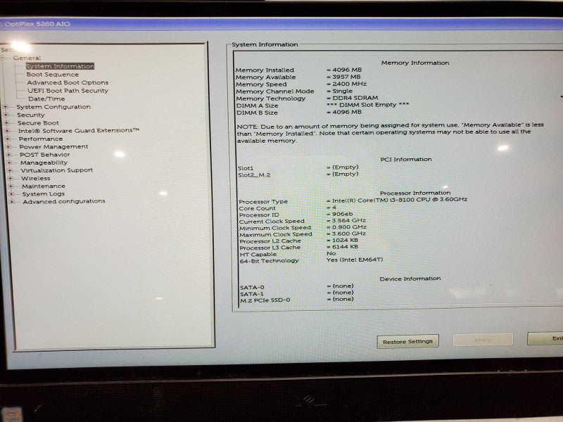 Dell Optiplex 5260 AIO, Intel i3-8100 @ 3.60GHz, 4GB DDR4, 21.5\\" TouchScreen