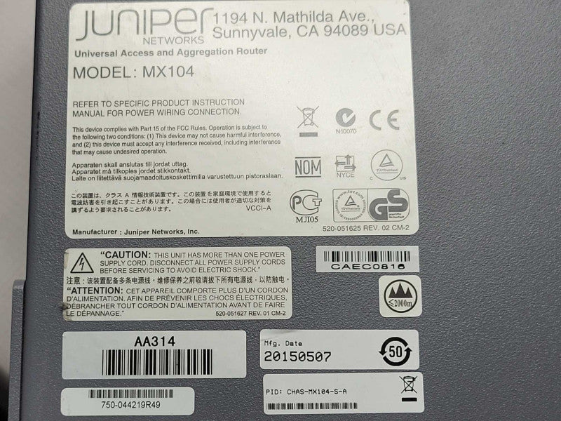 Juniper MX104 CHAS-MX104-S-A with 2x PSU and 2x Master IPUCBEWCAA READ _