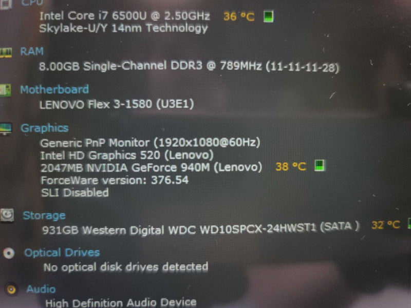 Lenovo Flex 3-1580 i7-6500U @ 2.50GHz, 8GB DDR3, 2GB GeForce 940M, 1TB HDD Î²