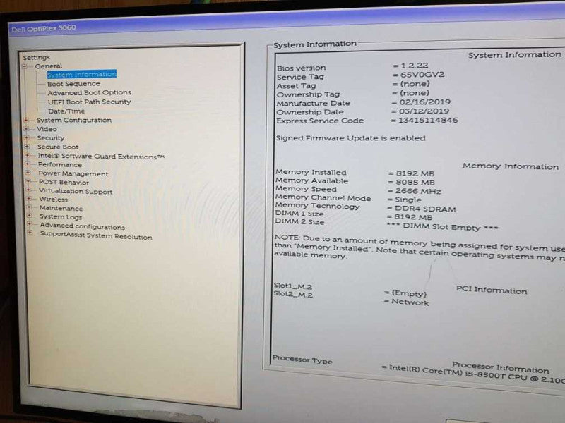 Dell Optiplex 3060 Mini Desktop i5-8500T CPU  @ 2.10GHz 8GB RAM