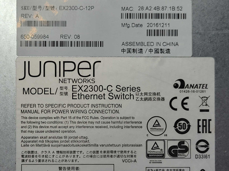 Juniper Networks EX2300-C-12P 12 Port Gigabit BASE-T 2xSFP+ Ports POE+ Switch _