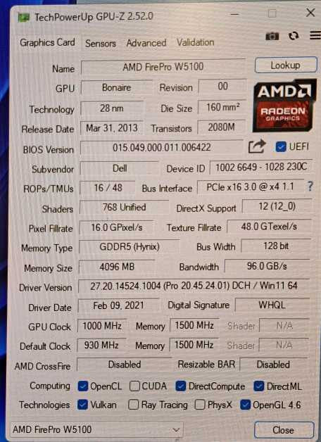 AMD FirePro W5100 4GB GDDR5 PCIe 4x Display Port GPU Dell W2C47  Q)