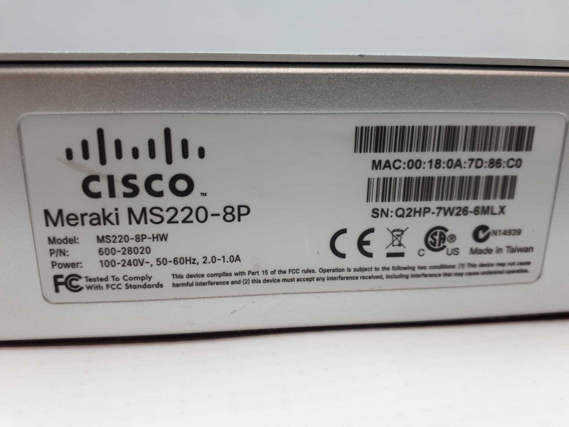 Cisco Meraki MS220-8P Cloud Managed Switch 8-Port Gigabit PoE 8x 1GbE &