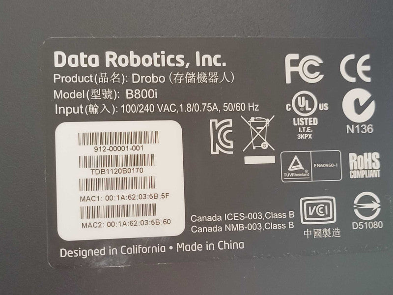 Data Robotics Drobo B800i 8-Bay NAS with 8x 6TB Hard Drives & Rack mount tray _