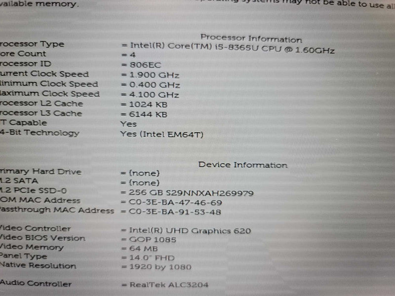 Dell Latitude 5400 i5-8365U @ 1.60GHz, 16GB DDR4, 256GB m.2 Î²