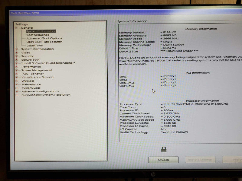 Dell Optiplex 3070 - Intel i5-9500 @ 3.00 GHZ 8GB DDR4