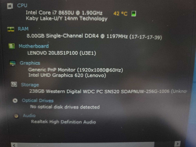 Lenovo T480s i7-8650U @ 1.90GHz, 8GB DDR4, 256GB m.2 QÎ²