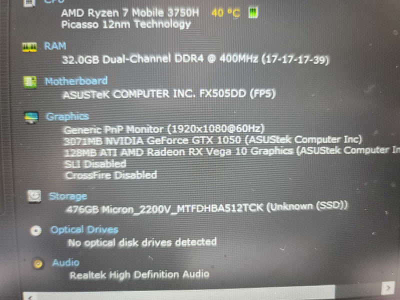 ASUS Tuf FX505D AMD Ryzen 7 3750H, 32GB DDR4, 3GB GeForce GTX 1050, 512GB SSD Î²