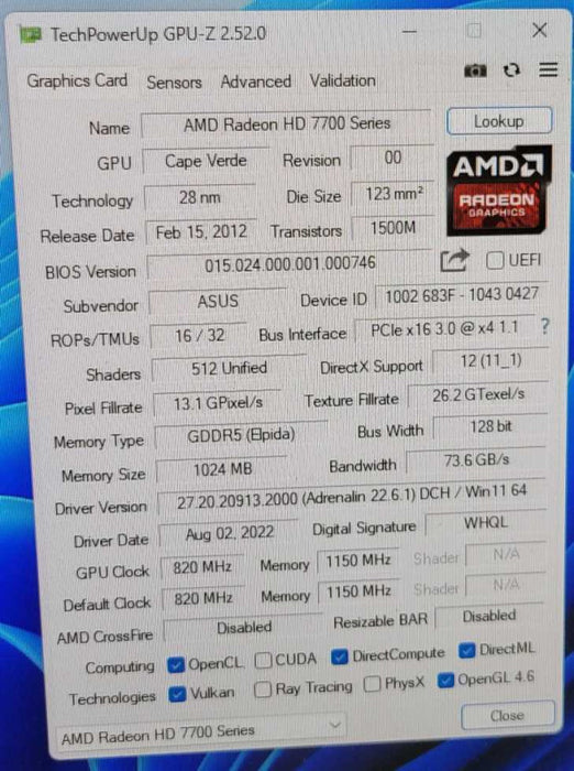 ASUS AMD RADEON HD 7750 1GB PCIE