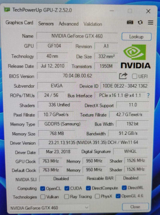 EVGA NVIDIA GTX 460 768MB PCIE
