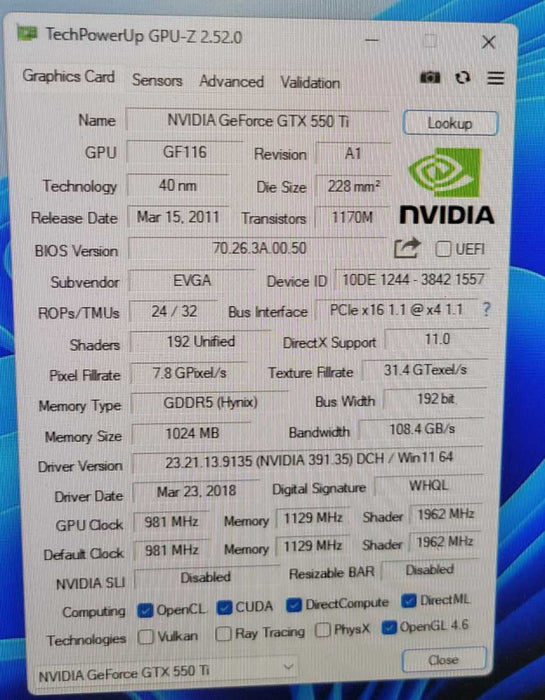 EVGA NVIDIA GTX550TI 1GB PCIE