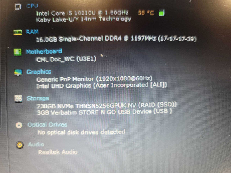 Acer Aspire 5 A515-54 i5-10210U @ 1.60GHz. 16GB DDR4, 256GB m.2 Î²