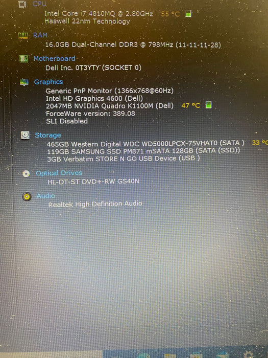 DELL PRECISION M4800 i7-4810MQ QUADRO K1100M 2GB 16GB RAM 128GB SSD 500GB HD