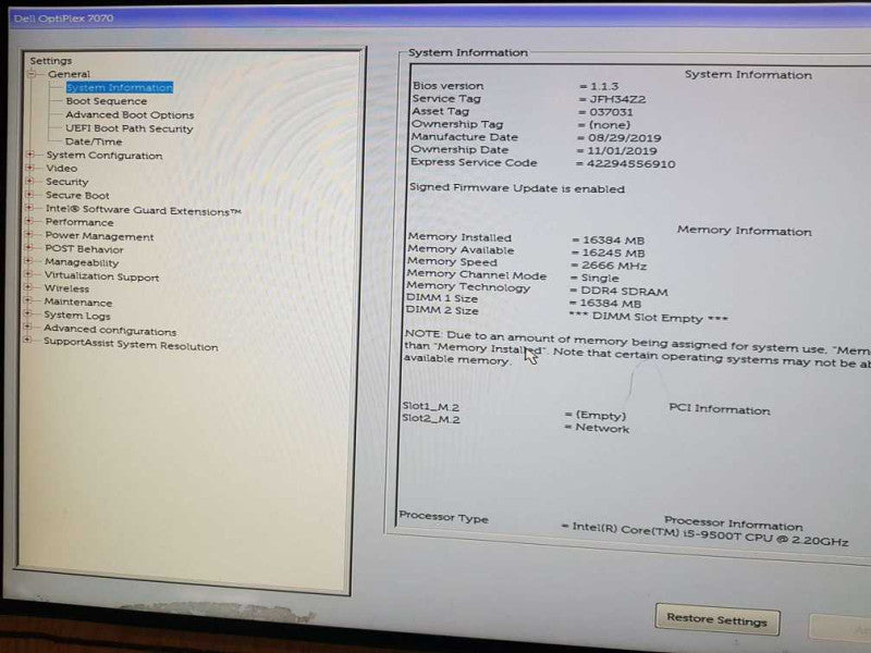Dell OptiPlex 7070 USFF Core(TM)  i5-9500T CPU  @ 2.20GHz 16GB DDR4 Ram Q