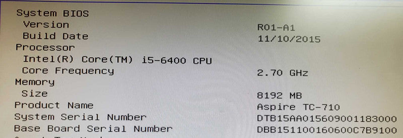 Acer Aspire TC-710 Desktop PC Core i5-6400 @ 2.70GHz 8GB RAM No HDD
