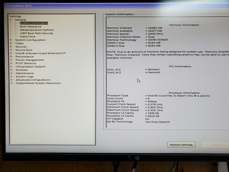 Dell Optiplex 3070 - Intel i5-9500T @ 2.20 GHZ 16GB DDR4