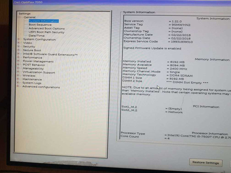Dell OptiPlex 7050 Intel(R) Core (TM) Micro i5-7500T CPU @  2.70GHz 8GB DDR4  Q