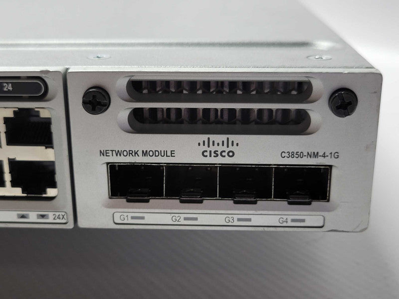 Cisco WS-C3850-24T-S 24-Port Gigabit Network Switch w/ C3850-NM-4-1G, 2x PSU _