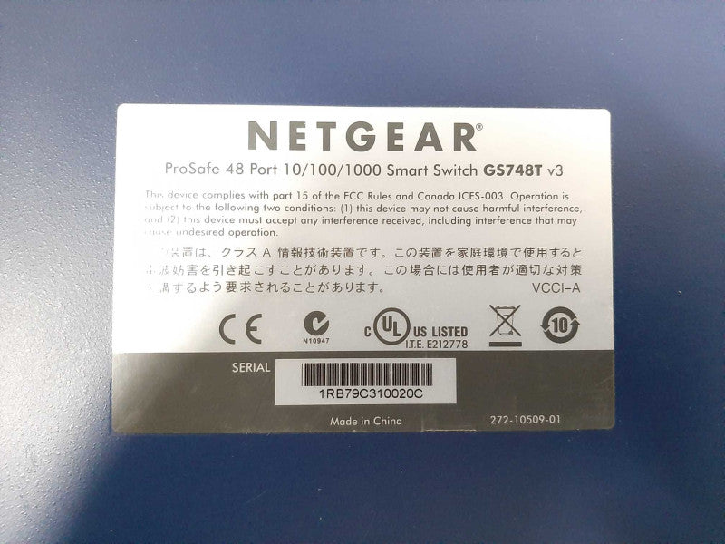 Netgear ProSafe 48-Port 10/100/1000 Gigabit Smart Switch GS748T v3  $