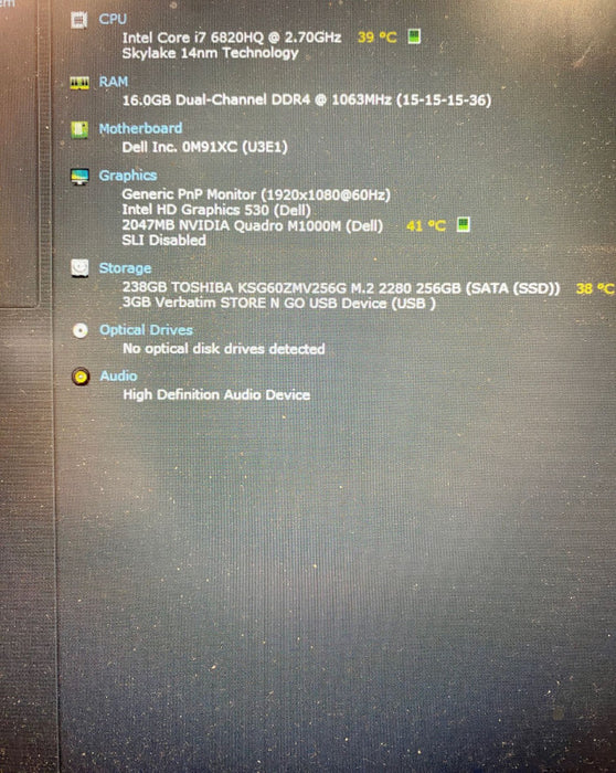 DELL PRECISION 7519 Laptop i7-6820HQ QUADRO M1000M 2GB 16 GB RAM 256GB SSD