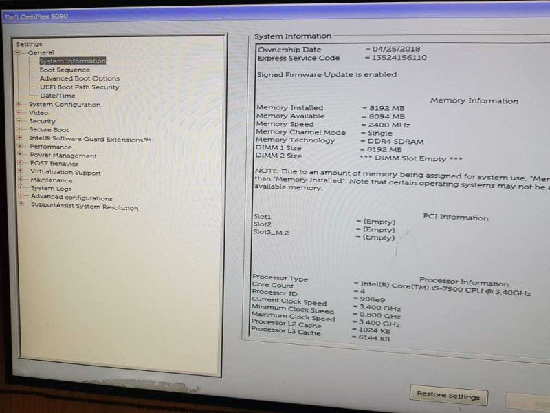 DELL OPTIPLEX 3050 SFF DESKTOP i5-7500 CPU @ 3.40GHz 8GB  DDR4 RAM Q