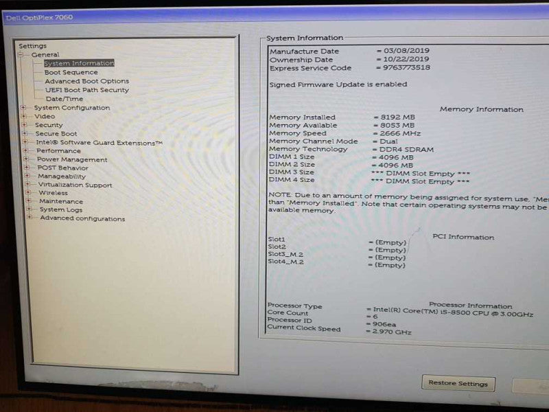 Dell Optiplex 7060 SFF i5-8500 CPU  @ 3.00GHz 8GB DDR4 RAM