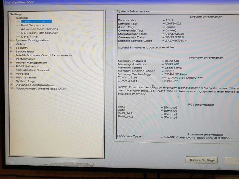 Dell OptiPlex 3060 SFF i5-8500 CPU @ 3.00GHz  8GB DDR4  RAM