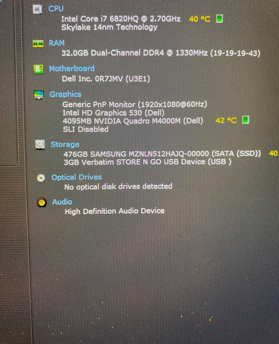 DELL PRECISION 7710 Laptop Intel i7-6820HQ QUADRO M4000M 32 GB RAM 512 GB SSD