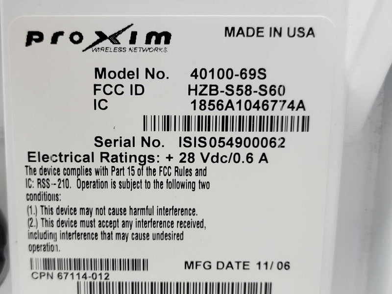 PROXIM 40100-69S SLAVE Antenna, Read _