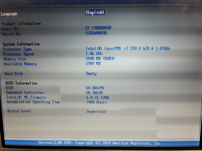 Panasonic ToughBook CF-19 i7 U620, 2GB DDR3, NO STORAGE, NO CADDY, NO BATTERY Î²