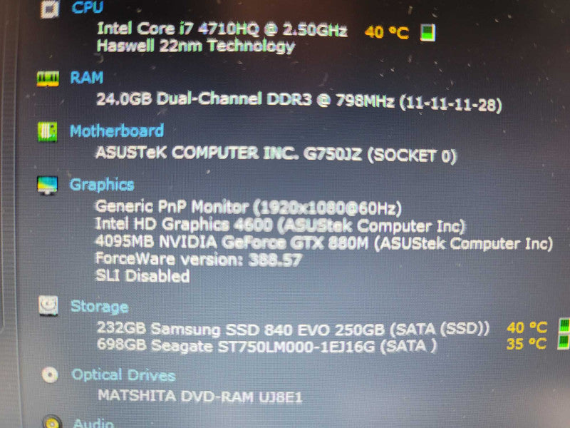 Asus ROG G750JZ i7-4710HQ, 24GB DDR3, 4GB GeForce GTX 880M, 250GB SSD+ 1TB HD Î²