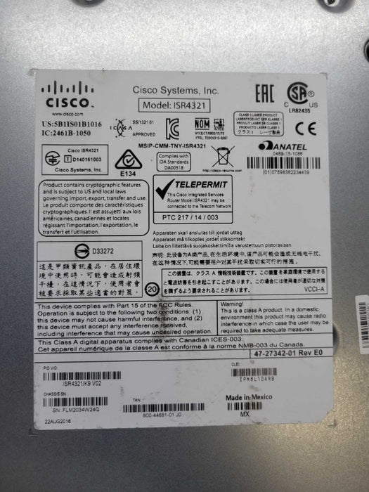 Cisco 4300 Series ISR4321/K9 V04 Integrated Services Router. NO POWER SUPPLY