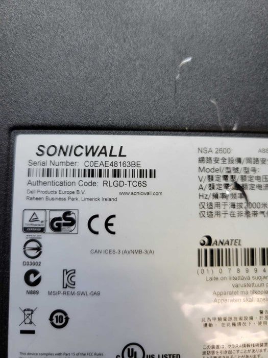 DELL SonicWALL NSA 2600 8-Port Network Security Appliance Switch Firewall