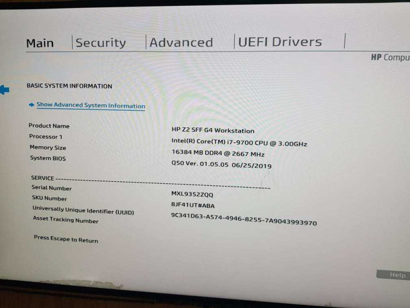 HP Z2 SFF G4  Workstation SFF i7-9700 CPU @ 3.00GHZ  16GB DDR4 Ram