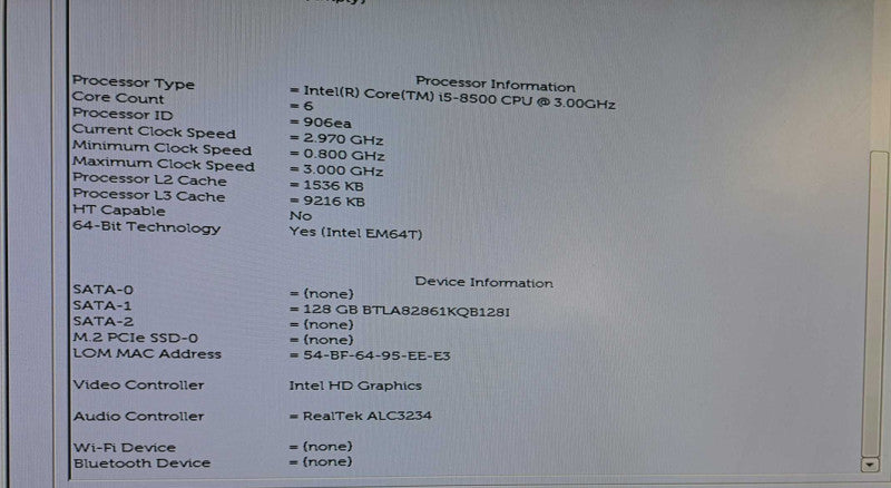Dell OptiPlex 3060 Core i5-8500 @ 3.00GHz 8GB DDR4 128GB SSD )
