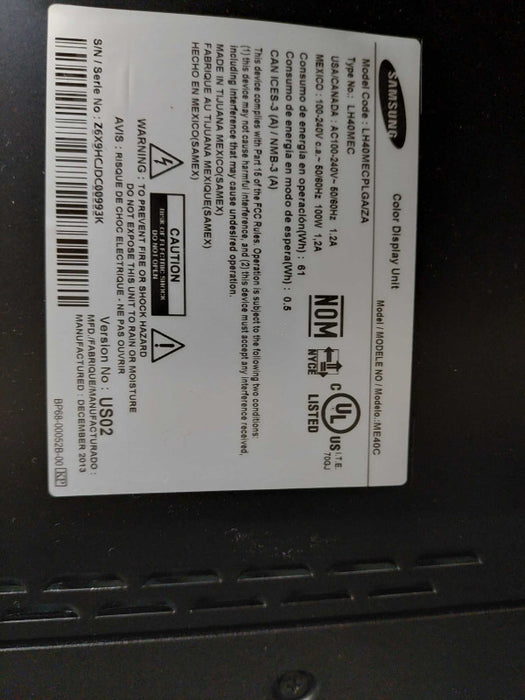 Samsung Colour Display Unit Model: ME40C    LH40MECPLGA/ZA Q