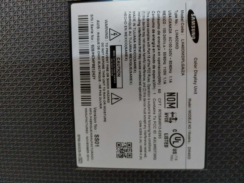Samsung Colour Display Unit Model: DM40D   LH40DMDPLGA/ZA Q