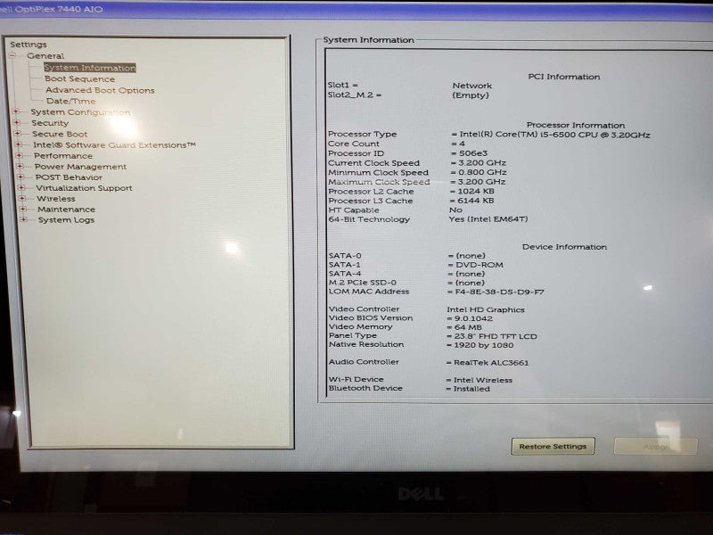 Dell Optiplex 7440 AIO - Intel i5-6500 @ 3.20 GHZ 8GB DDR4, Touchscreen