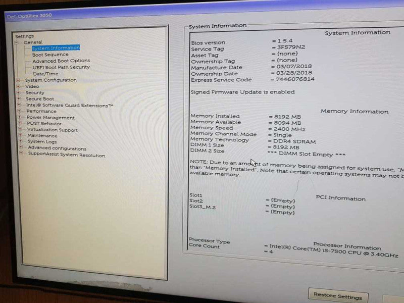 Dell Optiplex 3050 SFF i5-7500 CPU @ 3.40GHz  8GB DDR4 Ram