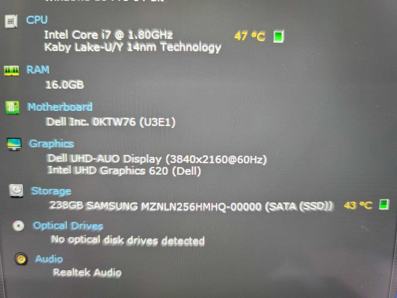 Dell XPS 9380 i7-8650, 16GB DDR3, 256GB SSD **No Battery QÎ²