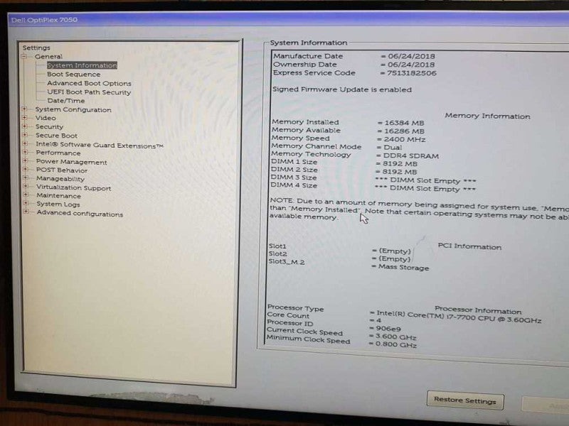 Dell OptiPlex 7050 SFF intel(R) Core(TM)  i7-7700 CPU @ 3.60GHz 16GB DDR4 Ram