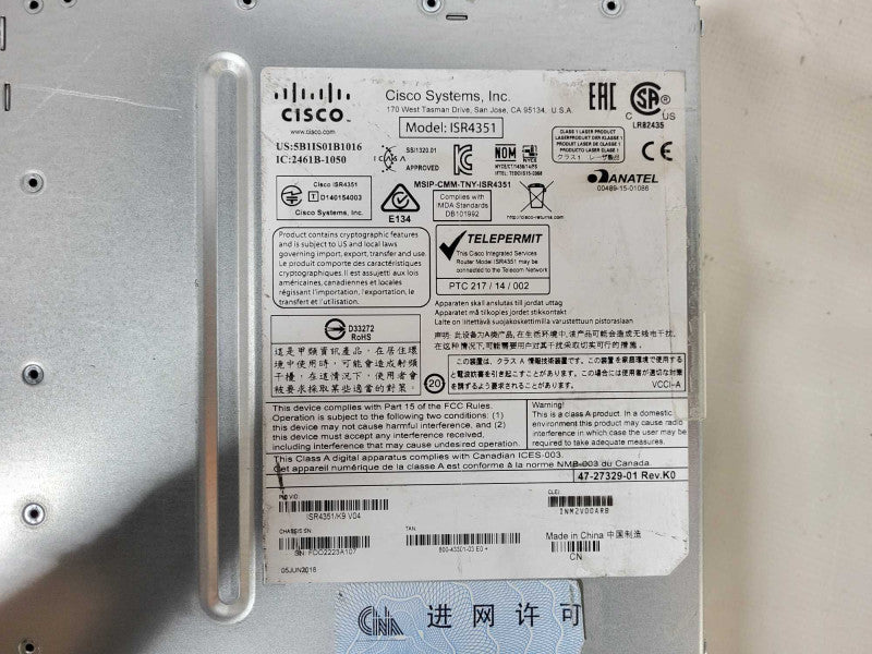 Cisco ISR4351/K9 Gigabit Integrated Service Router, no clock issue Q$