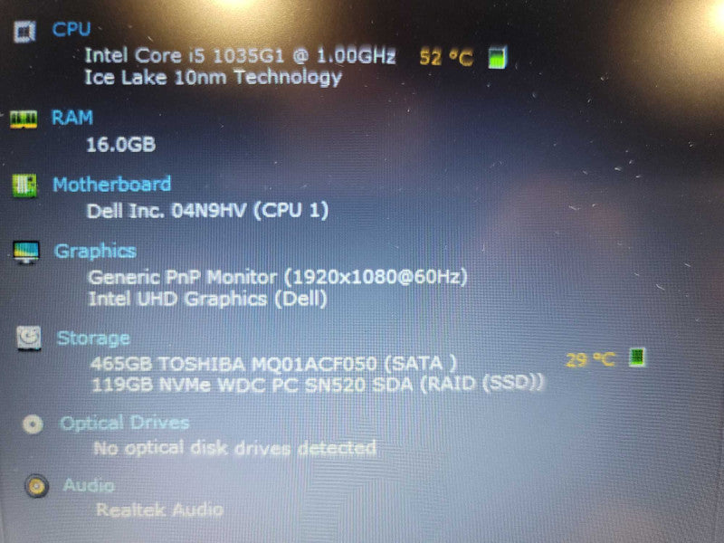 Dell Inspiron 15 3593 i5- 1035G1 @ 1.00GHz, 16GB DDR4, 128GB NVMe + 500GB HDD Î²