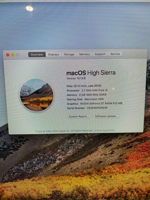 Apple iMac 21.5-inch Late 2012 i5-3330S GeForce GT 640M 512MB 8GB RAM 1TB HDD
