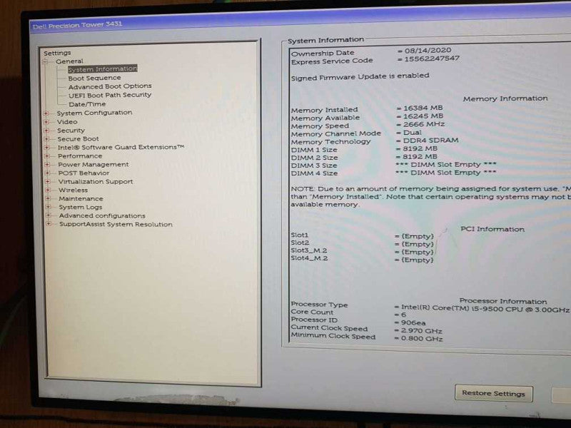 Dell Precision Tower 3431 Inter(R) Core(TM)  i5-9500 CPU @ 3.00GHz 16GB  RAM