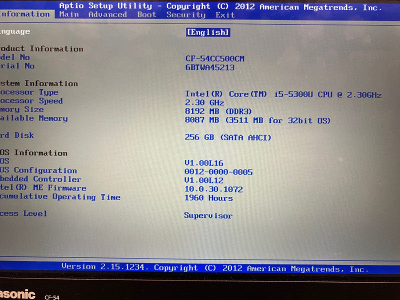 Panasonic TOUGHBOOK CF-54 Touch Laptop 1960Hrs i5-5300U 8GB RAM 256GB m.2 SSD