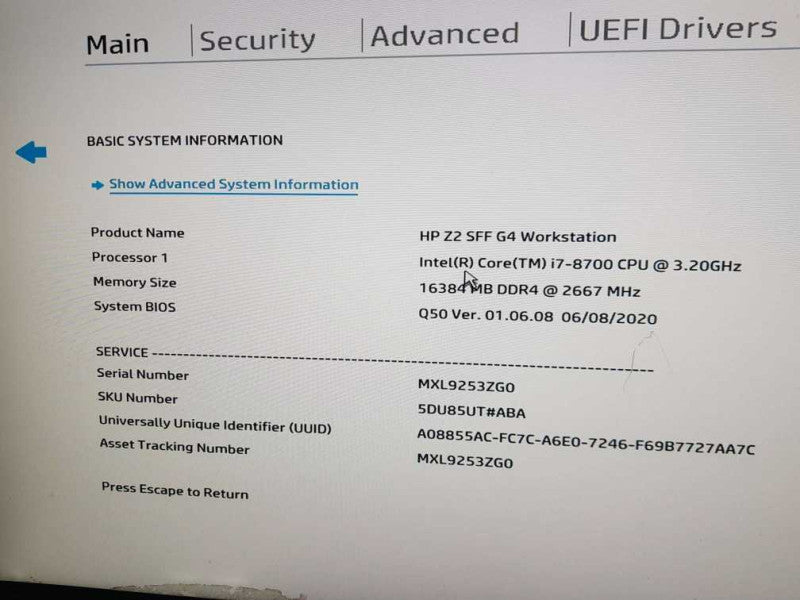 HP Z2 G4 SFF Workstation PC Intel (R) Core (TM) i7-8700 CPU @ 3.20GHz 16GB