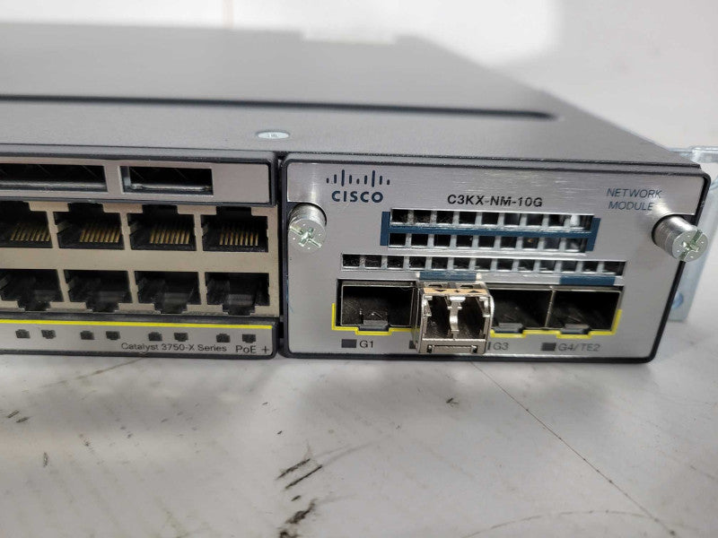 Cisco WS-C3750X-24P-S 24-Port PoE Gigabit Switch + C3KX-NM-10G Module Q!