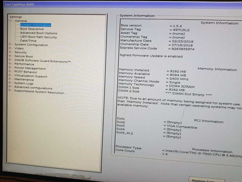 DELL OPTIPLEX 3050 SFF DESKTOP i5-7500 CPU @ 3.40GHz 8GB RAM