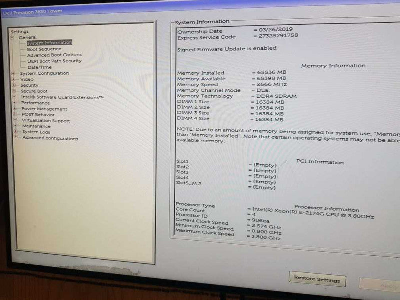 Dell Precision 3630 Tower Xeon E-2174G  CPU @ 3.80GHz 64GB RAM